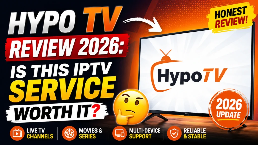 Hypo TV Review 2026 showing the HypoTV logo on a smart TV screen with features including live TV channels, movies, multi-device support, and reliable streaming
