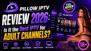 Pillow IPTV Review 2026 showing adult channels interface including Playboy TV, Brazzers TV, Penthouse, and Redlight HD on a smart TV screen
