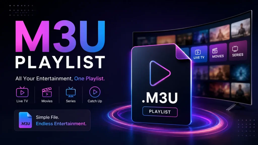 M3U playlist file connecting to a smart TV showing Live TV, Movies, and Series categories