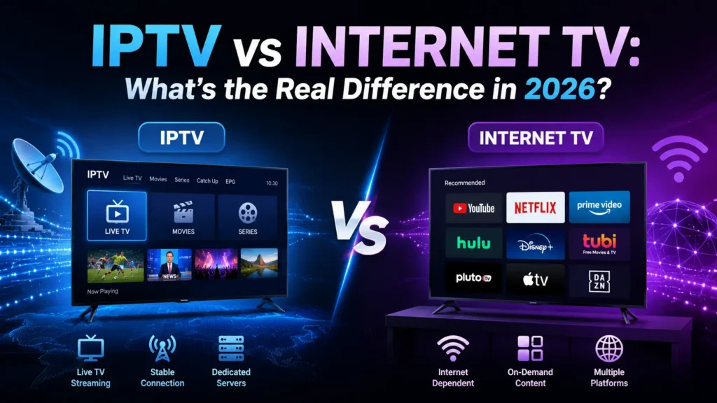 Comparison graphic showing IPTV live TV interface with satellite dish icon on the left versus Internet TV streaming apps like Netflix, Hulu, and Prime Video on the right