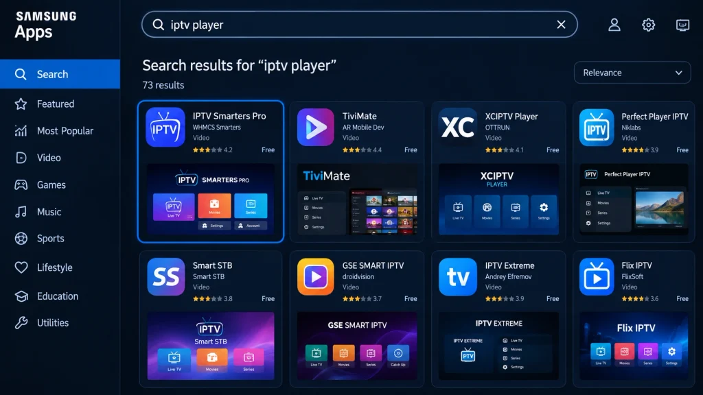 Samsung Smart TV app store search results listing IPTV player apps