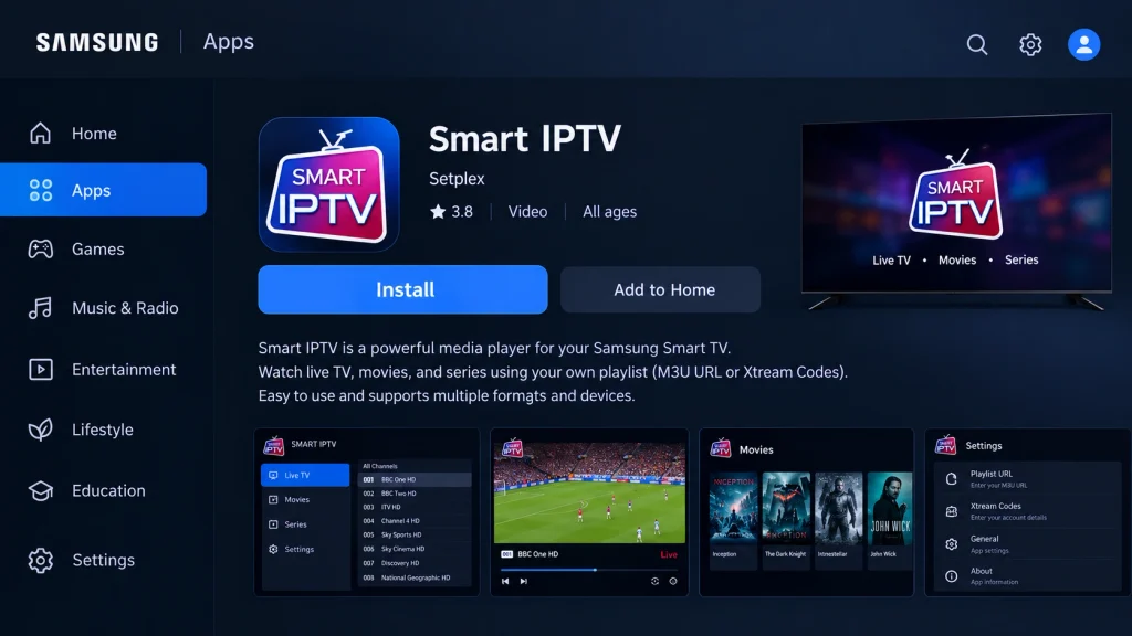 IPTV player app details page on a Samsung Smart TV with the Install button highlighted