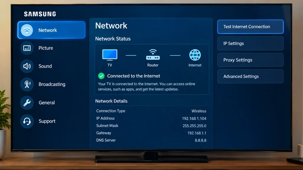 Samsung Smart TV network settings screen showing a connected Wi-Fi status