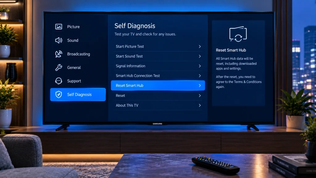 Samsung Smart TV Self Diagnosis menu with the Reset Smart Hub option highlighted