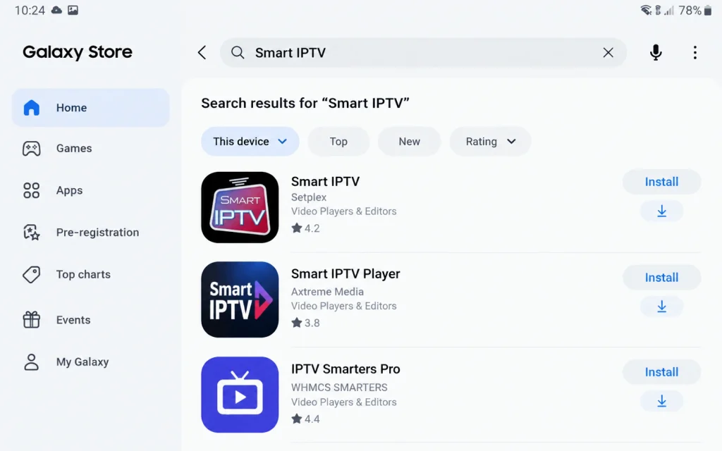 Samsung TV app store search bar with Smart IPTV entered