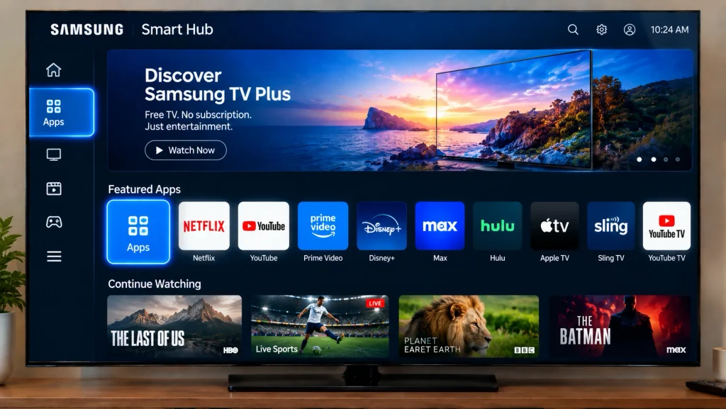 Samsung Smart Hub home screen with the Apps tile highlighted