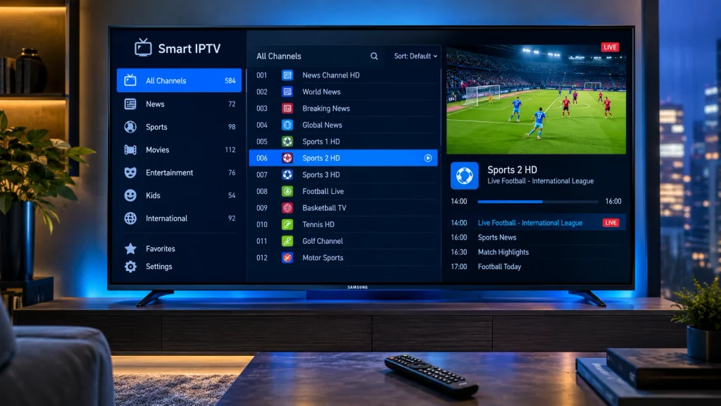 Smart IPTV channel list with live channels loaded on a Samsung Smart TV