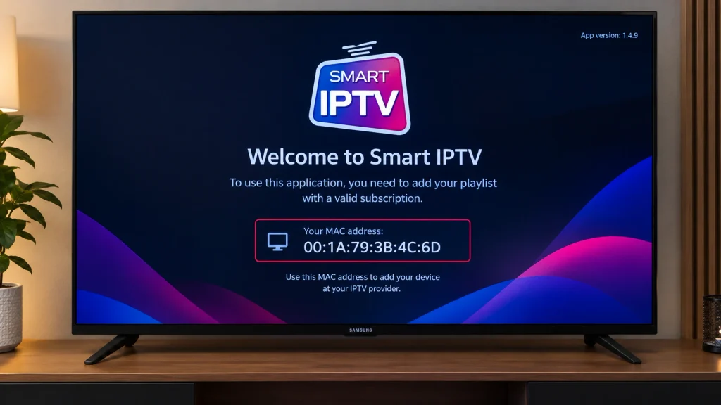 Smart IPTV app start screen on a Samsung TV showing the device MAC address