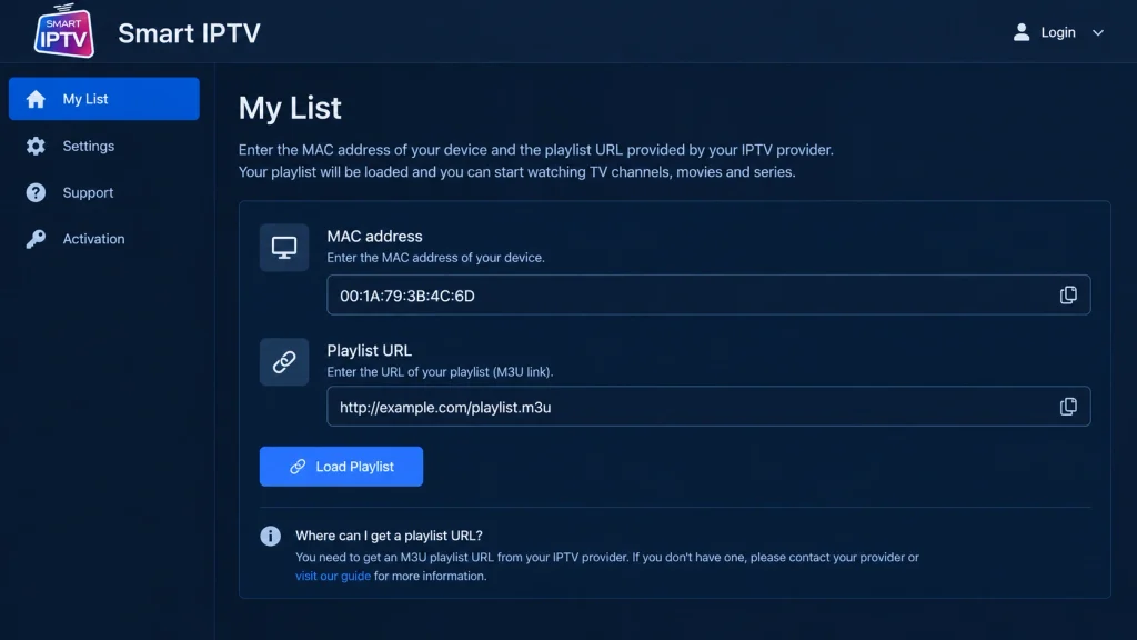 Smart IPTV My List web page with fields for MAC address and M3U playlist URL