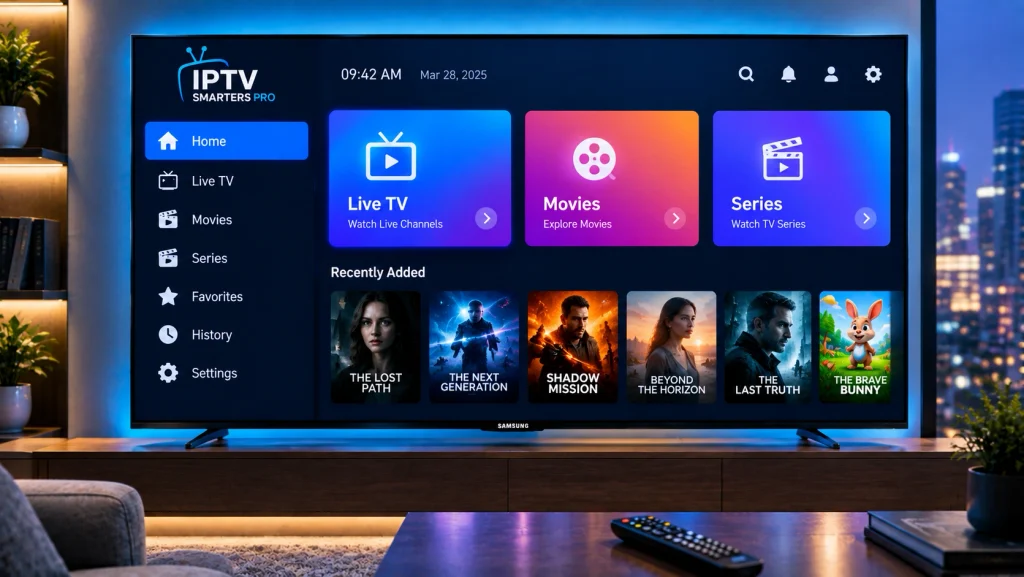 IPTV Smarters Pro home dashboard on a Samsung Smart TV showing Live TV, Movies and Series
