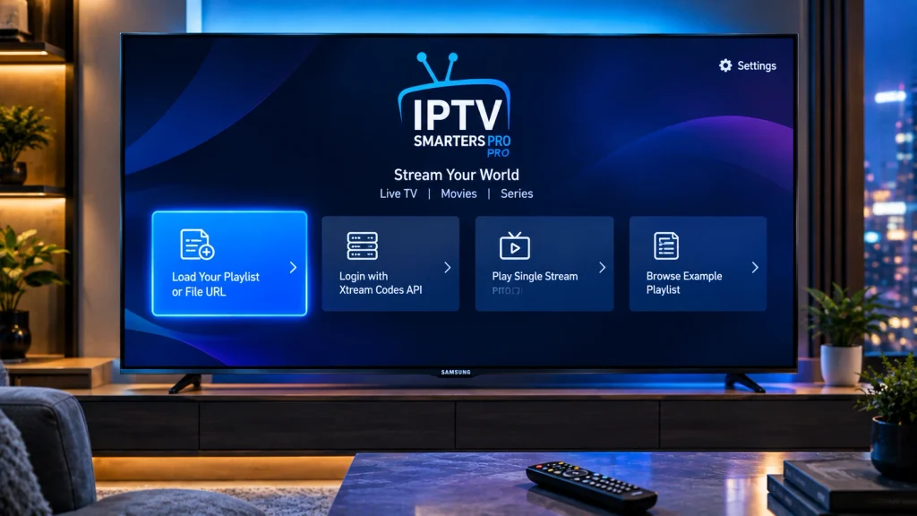 IPTV Smarters Pro login screen on a Samsung TV with the Xtream Codes API option