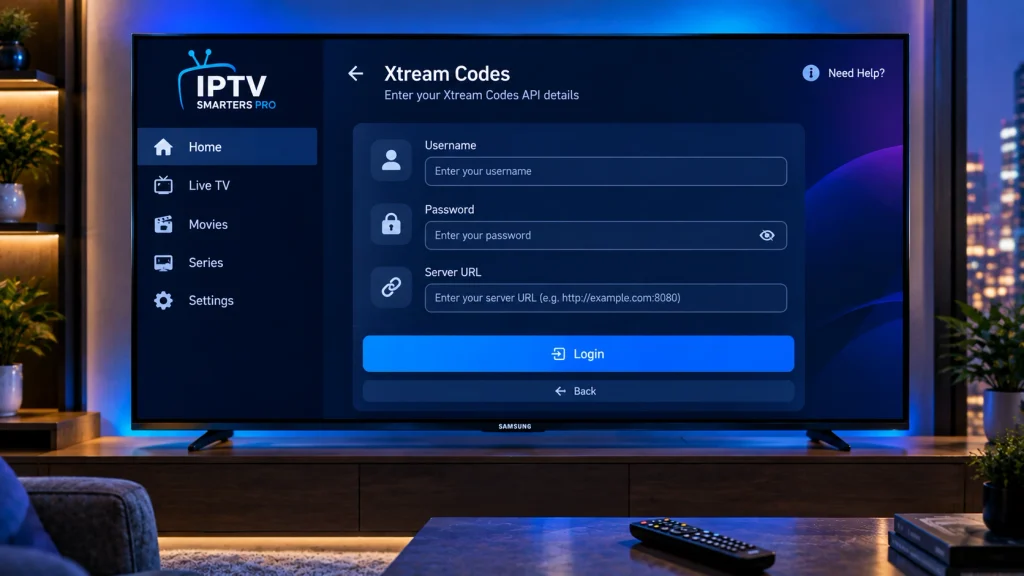 IPTV Smarters Pro form on Samsung TV with username, password and server URL fields