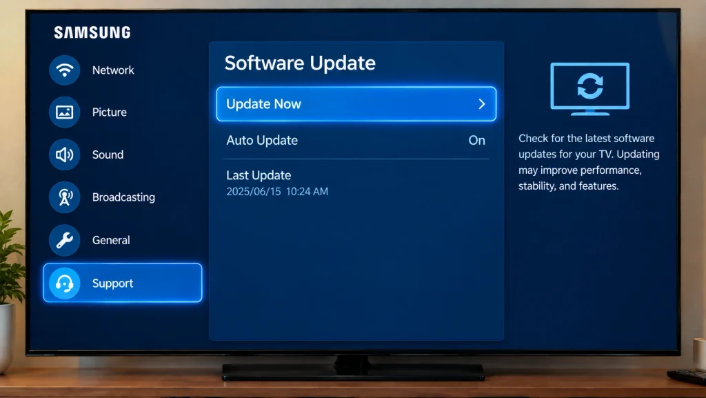 Samsung Smart TV Software Update menu with the Update Now option selected